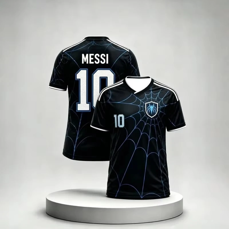 Family Matching Replica Soccer Jersey, Black Blue Web‑Pattern Number 10 Print Short‑Sleeve Mesh Sport Top For Adult Kids