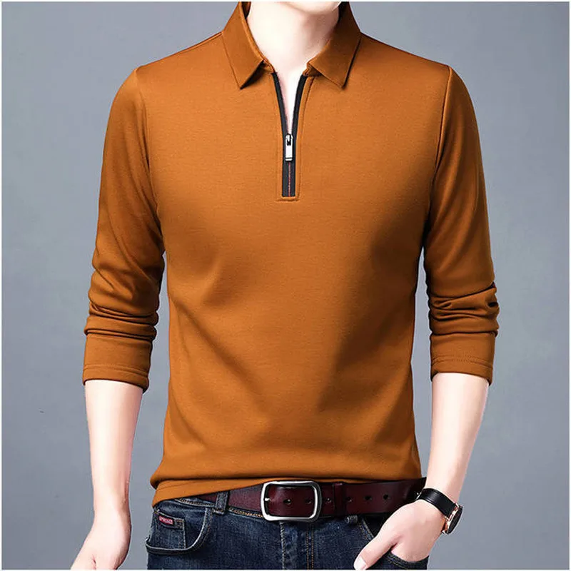 Smart Casual Men\'s Solid Polo Shirt Spring Autumn New Long Sleeve Zipper Collar Business Fashion Loose Polos Tops Clothing 2023