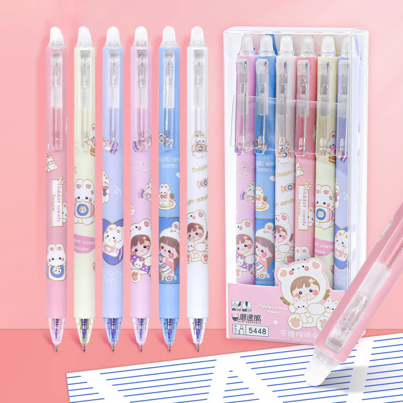 Kawaii Rabbit Girl Cartoon Erasable Gel Pen School Office Supplies Stationery Cute Retractable Gel Ink Pen 0.5mm Blue