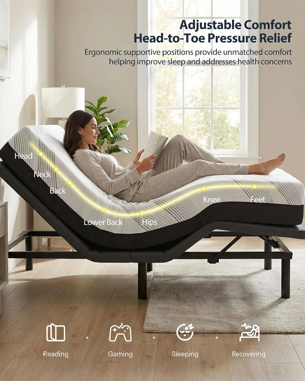 Twin XL Adjustable Bed Frame, Head & Foot Incline, Wireless Remote, Zero Gravity & Anti-Snore Modes, Custom view 3