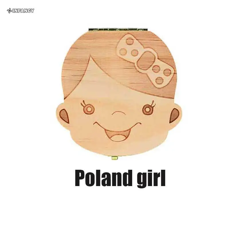 Tooth Box Poland English dutch Spanish Russian French GermanText Baby Boy Girl Wood Case Save Milk Teeth Organizer Holder