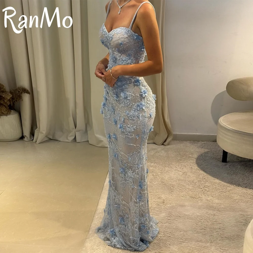 Ranmo nova flor 3d linda vestidos de baile loja sereia querida vestido de noite feminino vestidos de festa céu azul personalizado