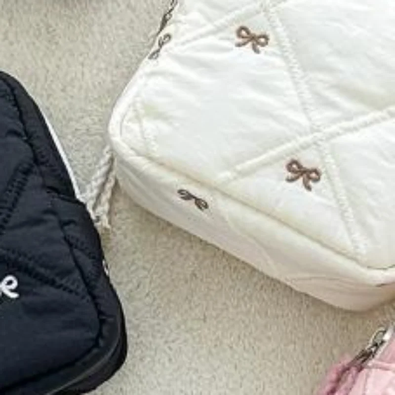 Quilted Mini Storage Bag Cute Bow Embroidery Soft Padded For Daily Travel Cosmetics Jewelry Small Items