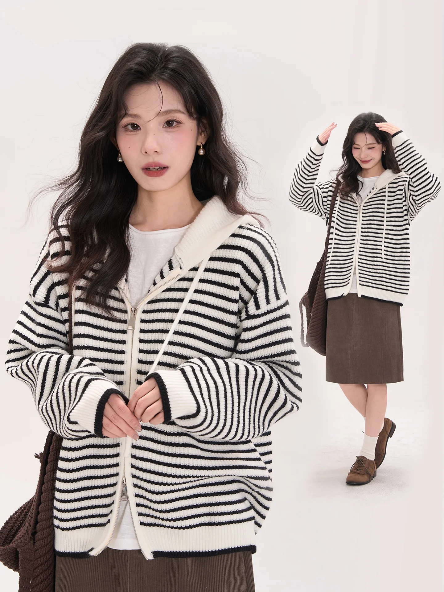 

Heme Little Sweet Series Hooded Loose Striped Casual Zipper Knitted Cardigan Women's Autumn Faion Commute Sle Long Sve
