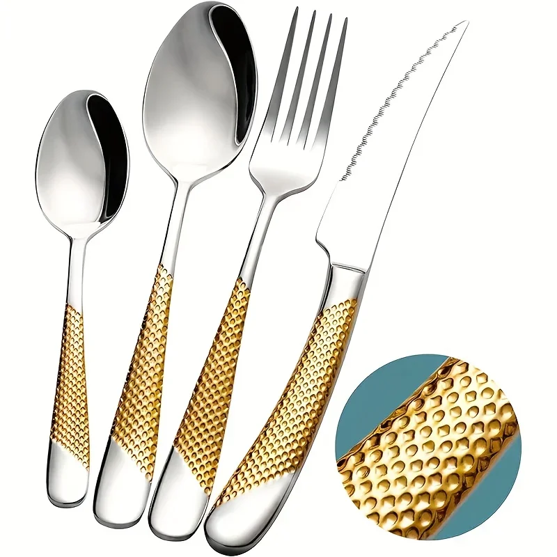 16pcs Kitchen Must Have Hammered Flatware,Golden Silvery Stainless Steel Flatware Set, Knives Forks Spoons Cutlery for Wedding