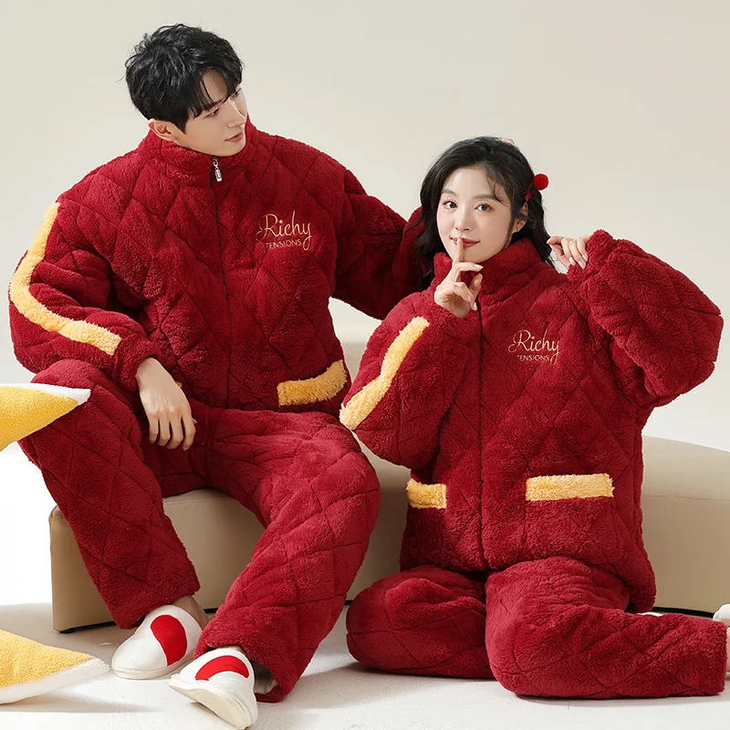 男性と女性のための3層コットンパジャマ暖かいフリースのパジャマカジュアルウェア高品質冬