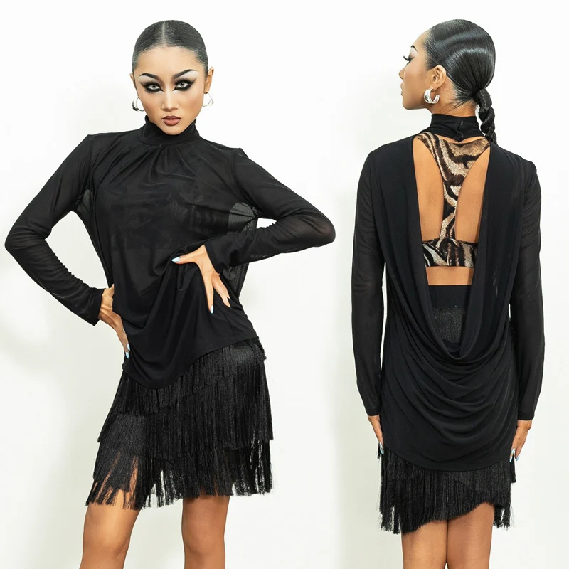 2025 Latin Dance Clothes Women Long Sleeves Loose Tops Fringe Skirt Backless Cha Cha Rumba Samba Dance Performance Dress NV22141