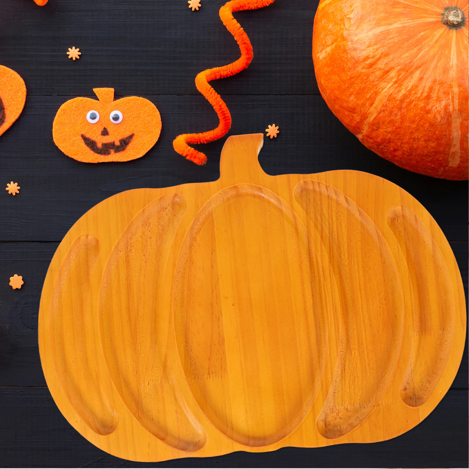 

Wooden Pumpkin Tray for Halloween Food Serving Fruit Cheese Platter Dessert Display Brown Easy Clean Multi Compartment Kitchen
