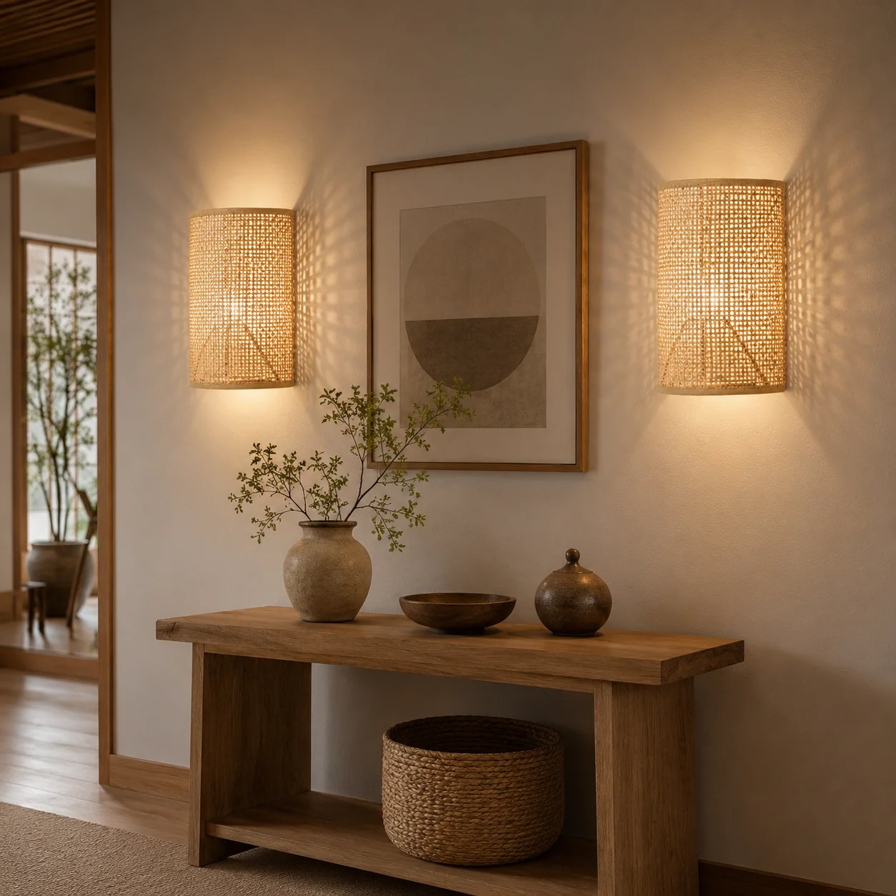 JOYINLED E27 Rustic Bamboo Wall Sconce Lighting Farmhouse Wall Lamp Wall Mount Boho Retro Light Fixture for Bedroom Living Room