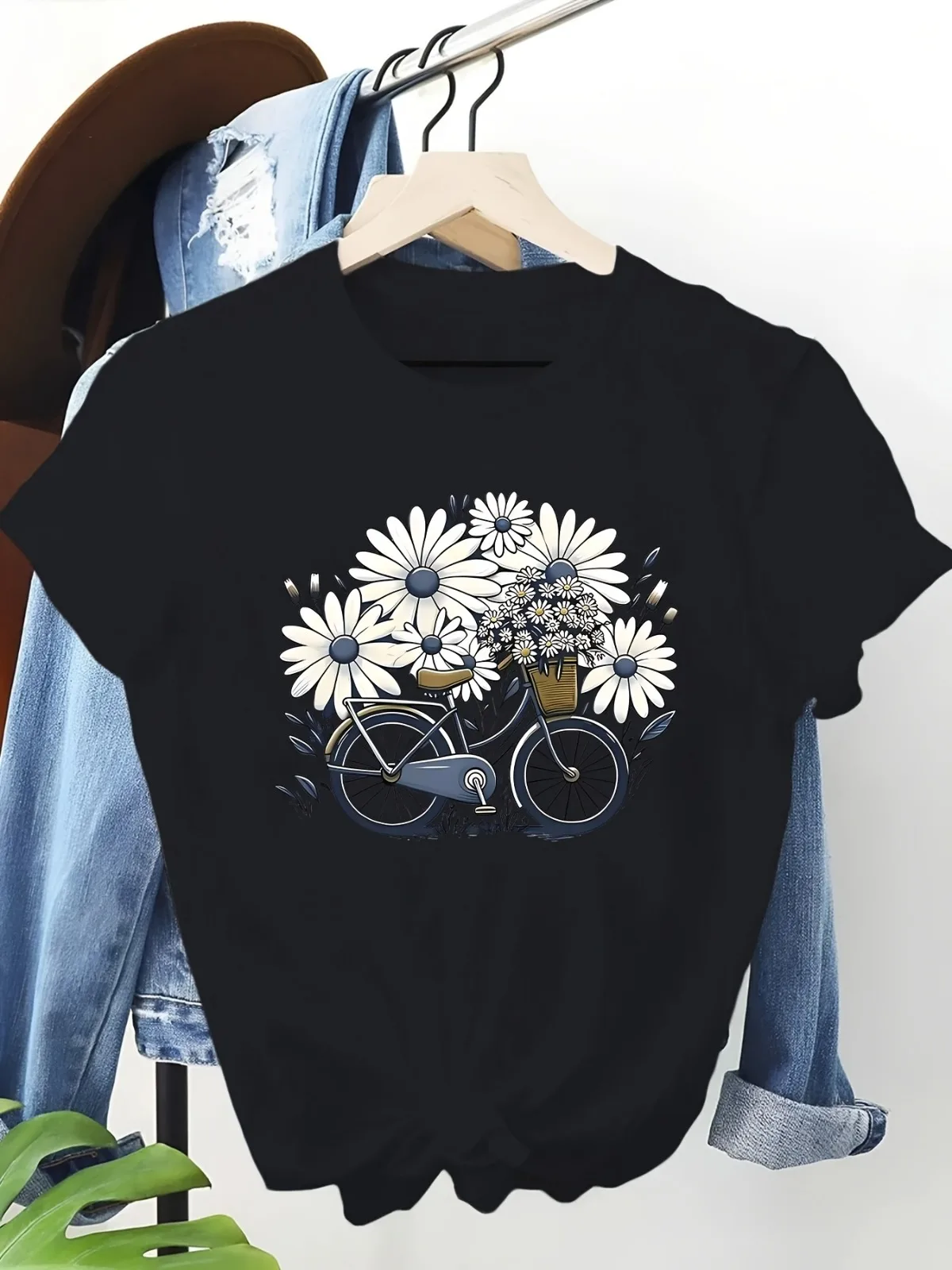 เสื้อยืดแขนสั้นผ้าฝ้ายแท้แฟชั่นสตรีคอกลมพิมพ์ลายจักรยานเหมาะสำหรับของขวัญวันหยุด