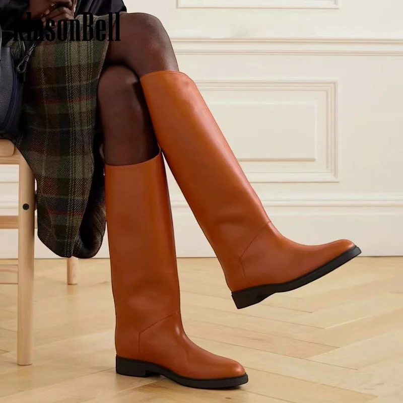 9.20 KlasonBell-Women Genuine Leather Over-the-Knee Boots Fashion All-matches Pointed Toe Diagonal Flat Sole Boots