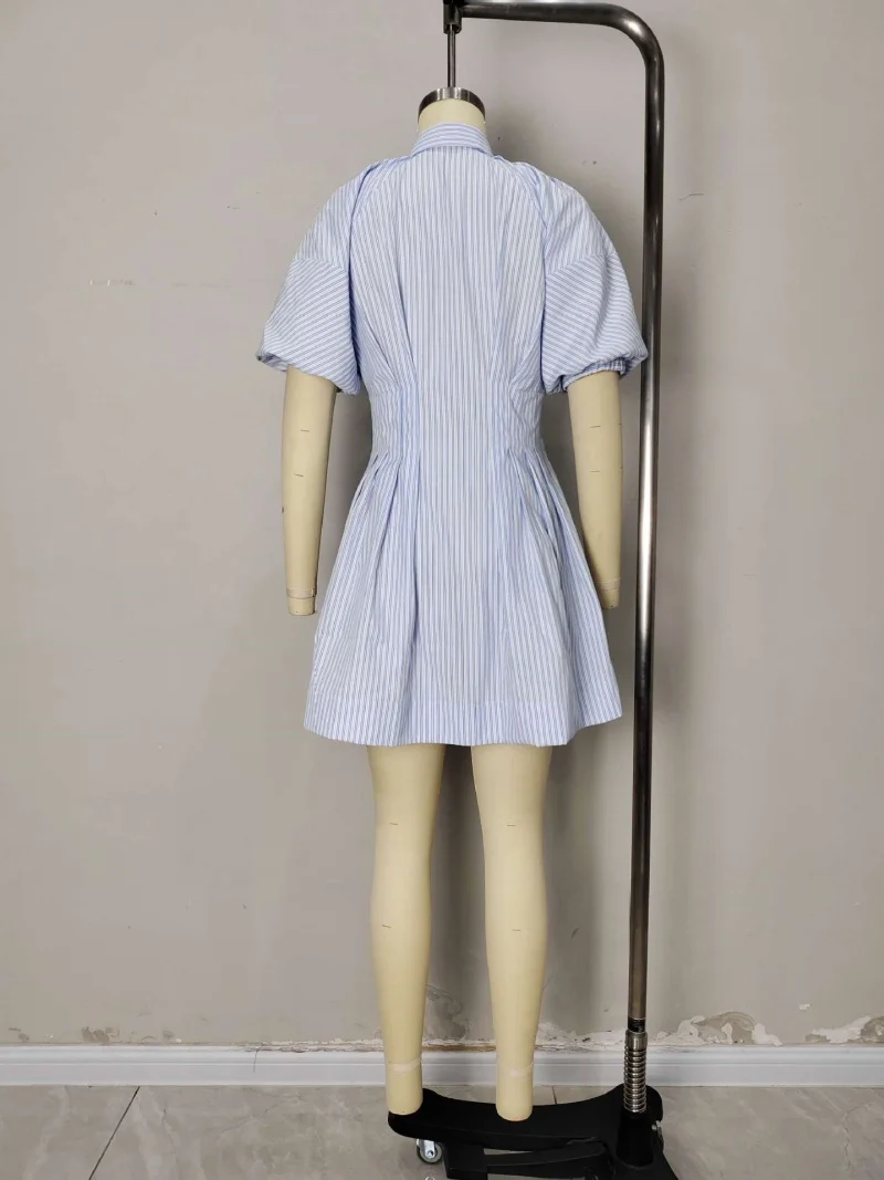 Elegancka sukienka koszulowa w paski, letnia odzież damska, krótki rękaw, zapinana na guziki, mini sukienki, modna sukienka w kształcie litery A, sukienka letnia, Vestido