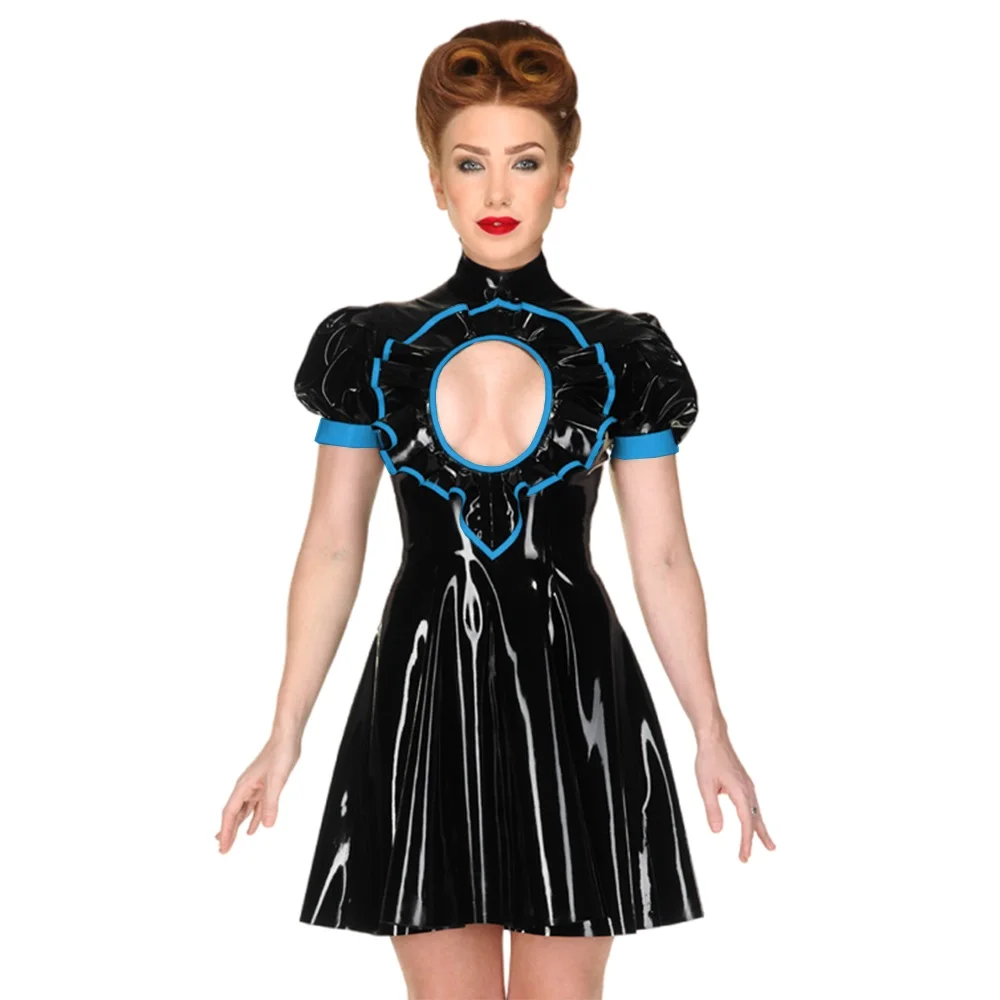 Sexy Exotic Frills Chest Open Shiny PVC Leather Dress, High Neck Puff Short Sleeve, Cutout A-line Dress, Rave Dance Clubwear