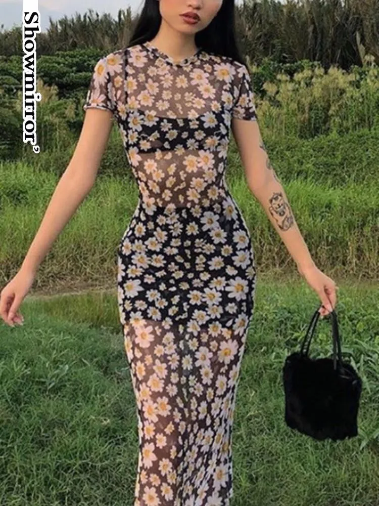 Short Sleeve Mesh Sheer Transparent Dress Daisies Print Mesh See-Through Sexy Maxi Dress Summer Women Oufits Streetwear