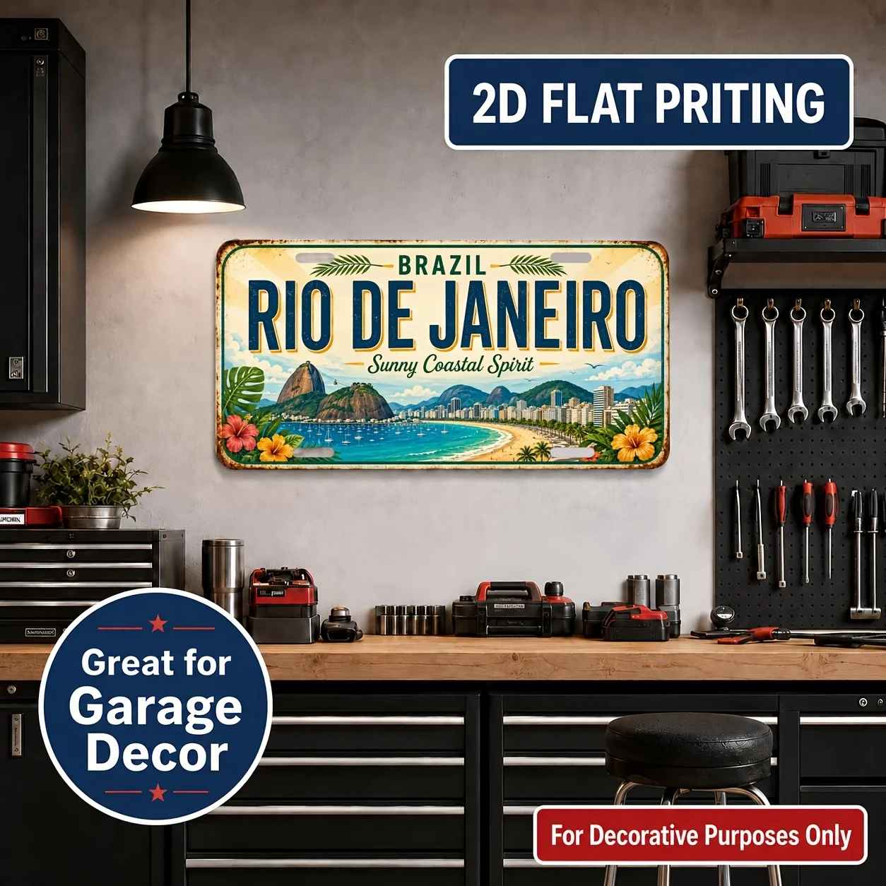 2D Flat Retro Home Bar Cafe Garage Wall Art Rio De Janeiro License Plate Sign Durable Fade Resistant Decor Creative Gift