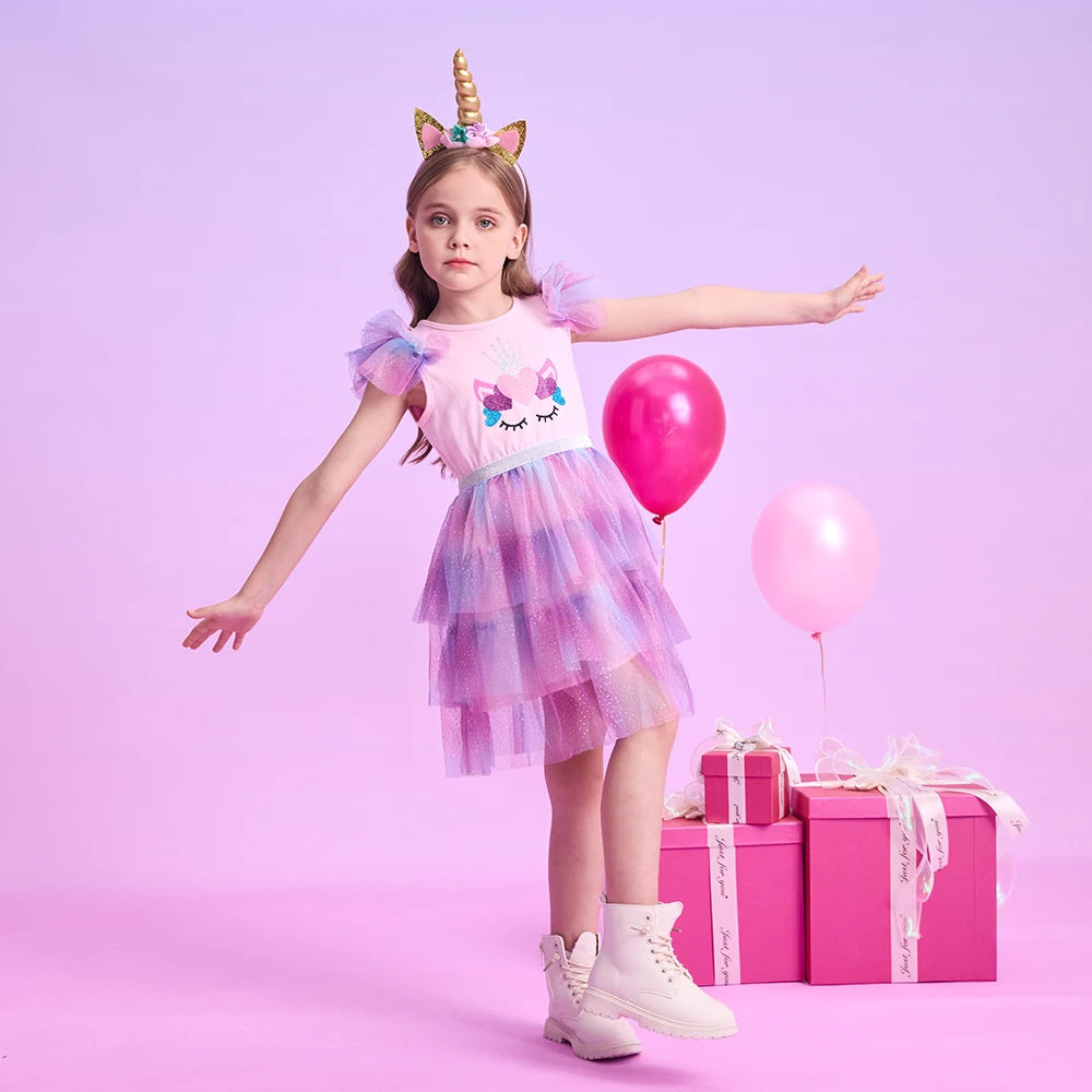DXTON Summer Children Dresses For Girls Layered Gradient Mesh Tulle Princess Girls Dress Heart Cartoon Print Kids Clothing 3-12Y
