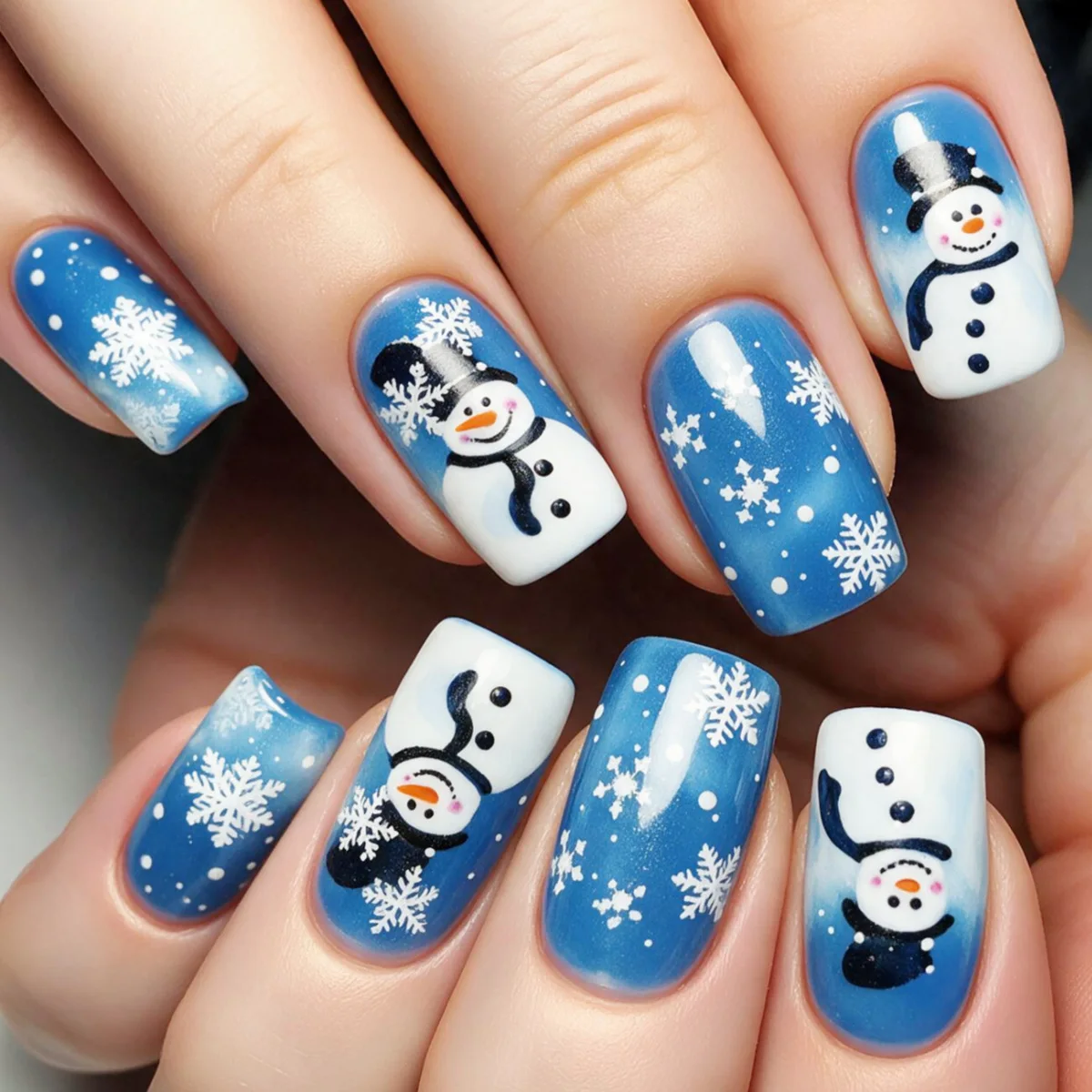 Christmas Press on Nails with Snowflake Fake Nails Snowman Design Medium Length Glossy False Nails Wearable Christmas Tree Nails