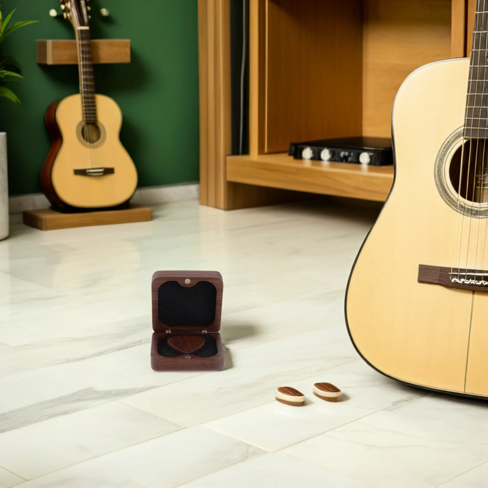 

1Set Walnut Guitar Picks in Box Solid Wood Acoustic Bass Plectrums Portable Mini Thumb Finger Picks for Electric Ukulele Banjo