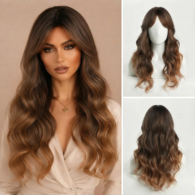 24 Inch Long Wavy Synthetic Wig with Bangs, Brown Balayage Heat Resistant Hair Wigs for Women Daily Wear Party Cosplay