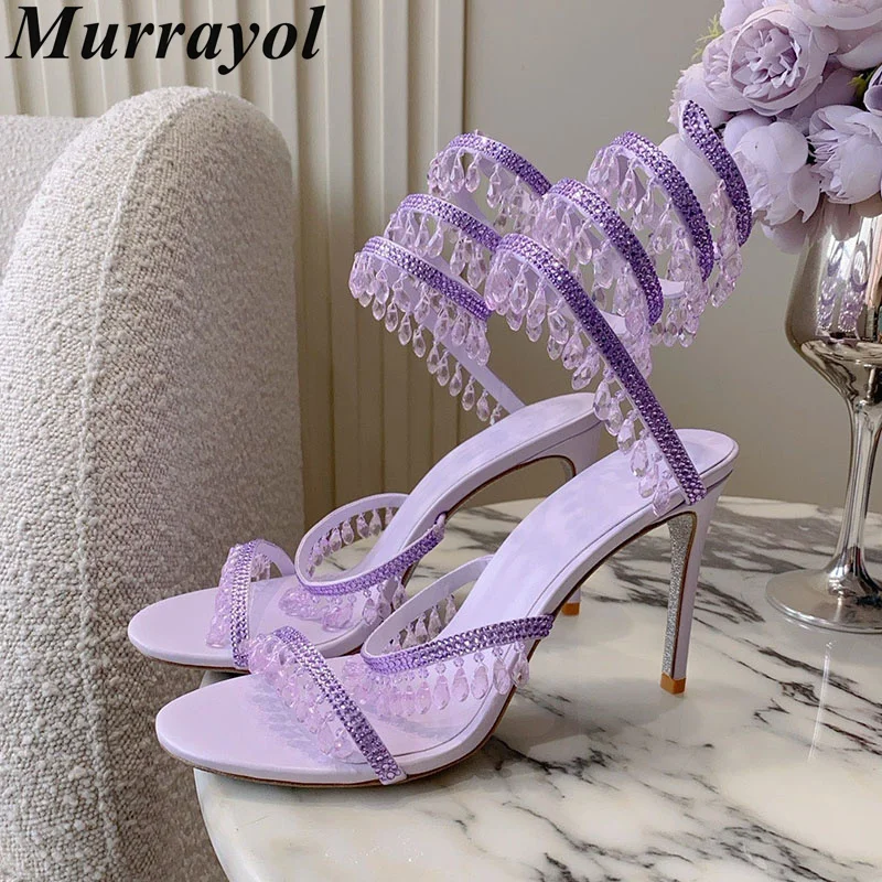Thin High Heels Sandals Women Tassel Crystal Pendant Gladiator Sandalias Ankle Snake Shaped Strap Summer Evening Party Shoes