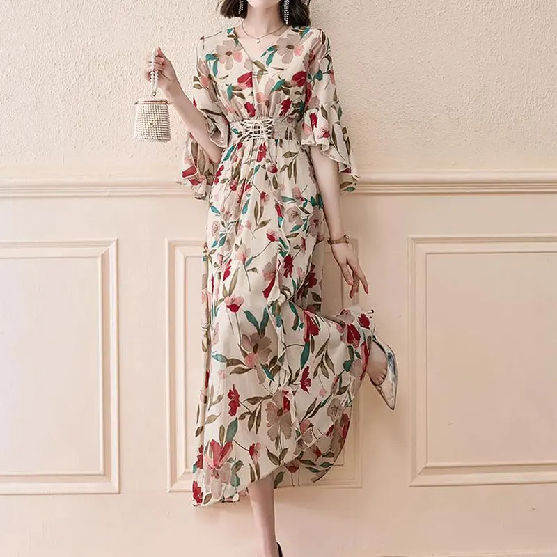 Long Drawstring A-Line Waist Dress Female Clothing French Style Broken Flowers 2024 Summer Elegant V-Neck Half Sleeve Dresses