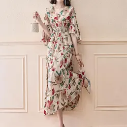 Long Drawstring A-Line Waist Dress Female Clothing French Style Broken Flowers 2024 Summer Elegant V-Neck Half Sleeve Dresses