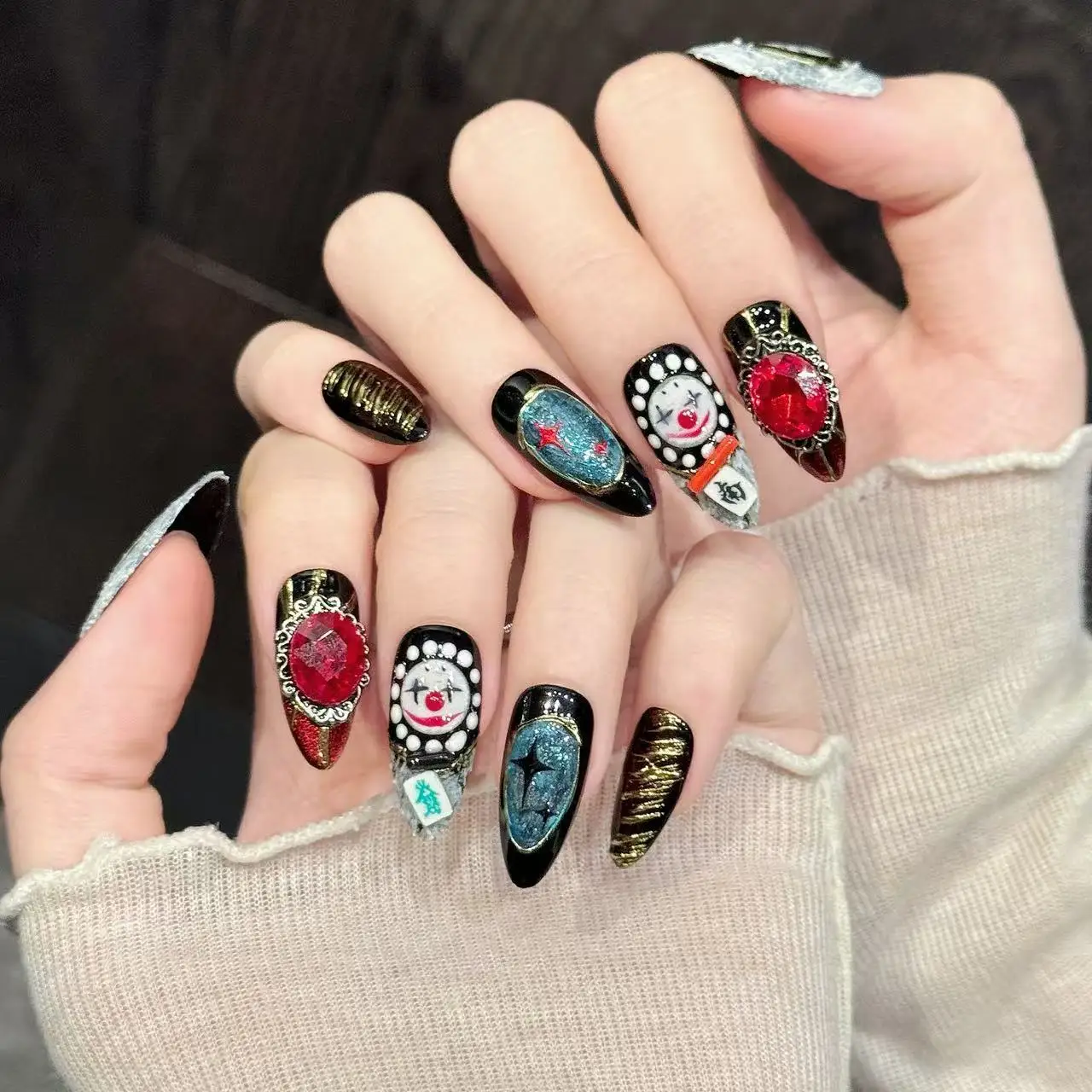 10PCS Almond Handmade Press On Nails,Retro Funny Clock Clown Mahjong,Suitable For Parties And Daily Wear.