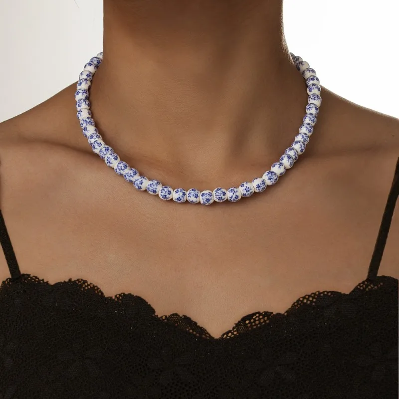 Temperament Chinese Style Blue White Porcelain Pattern Ceramic Beaded Choker Necklace for Women Party Gathering Jewelry Gift