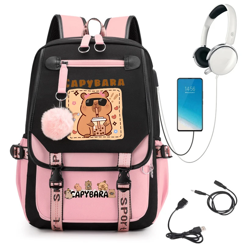 حقيبة ظهر ذات سعة كبيرة لطلاب المدارس الثانوية، حقيبة ظهر للسفر باللون الأسود والوردي لطلاب المدارس المتوسطة، حقائب كتب كابيبارا أنيمي