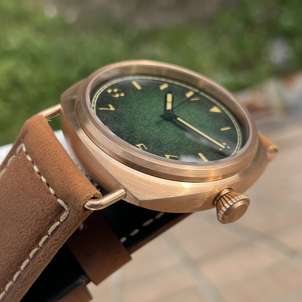 Reloj Mecánico de bronce Retro NH35 movimiento cristal de zafiro suizo C3 luminoso 20Bar correa de cuero impermeable reloj de pulsera de lujo