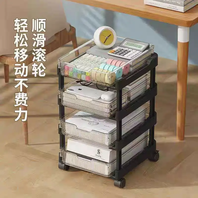 PET Plastic 4 Tier Drawer Storage Rack Desktop File Organizer with Wheels for Office Home Study Books and Stationery