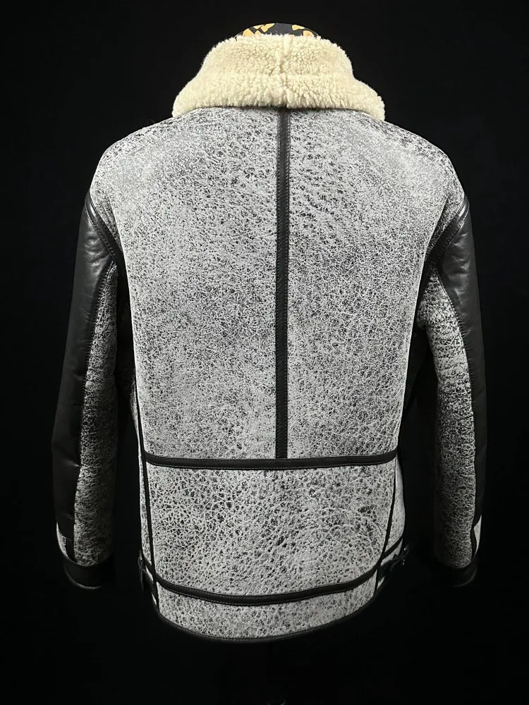 Vintage Winter Mens Real Fur Motorcycle Jacket Mixed Colors Punk Streetwear Thick Warm Genuine Leather Shearling Pilot Coat Male