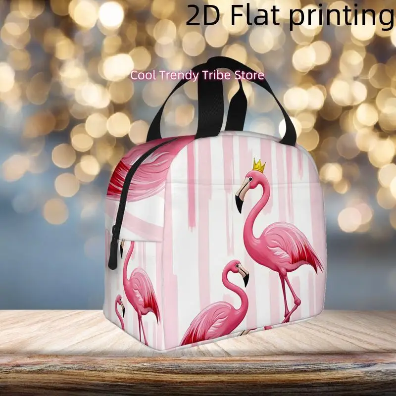1pc, Stylish Pink Flamingos Wearing Crowns on a Gentle Pink Backdrop. This Printed Insulated Cooler Bag Is a Reusable And Portab