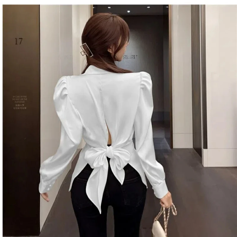 Fashion Bow Satin Shirt Spring Autumn Korean Temperament Tunic Puff Sleeve Button-down Shirts Solid Elegant Female Blouses Top