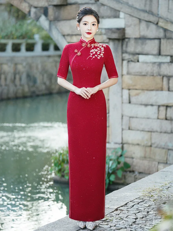 

Red Runway Qipao Wedding Gown High Slit ort Sve Midi Qipao Dr Chinese Sle Wedding Dr for Women 25-35 Years Old