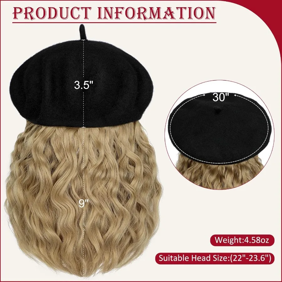 قبعة كلاسيكية قابلة للتمدد من الصوف الفرنسي الصلب مع وصلات شعر صناعية قصيرة مجعدة مرفقة للنساء أشقر رمادي