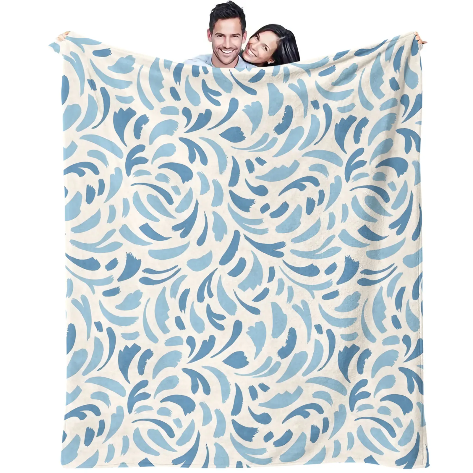 Watercolor Blue Brush Stroke Leaf Pattern Flannel Throw Blanket Minimalist Abstract Warm Sofa Bed Couch Travel Camping Blanket
