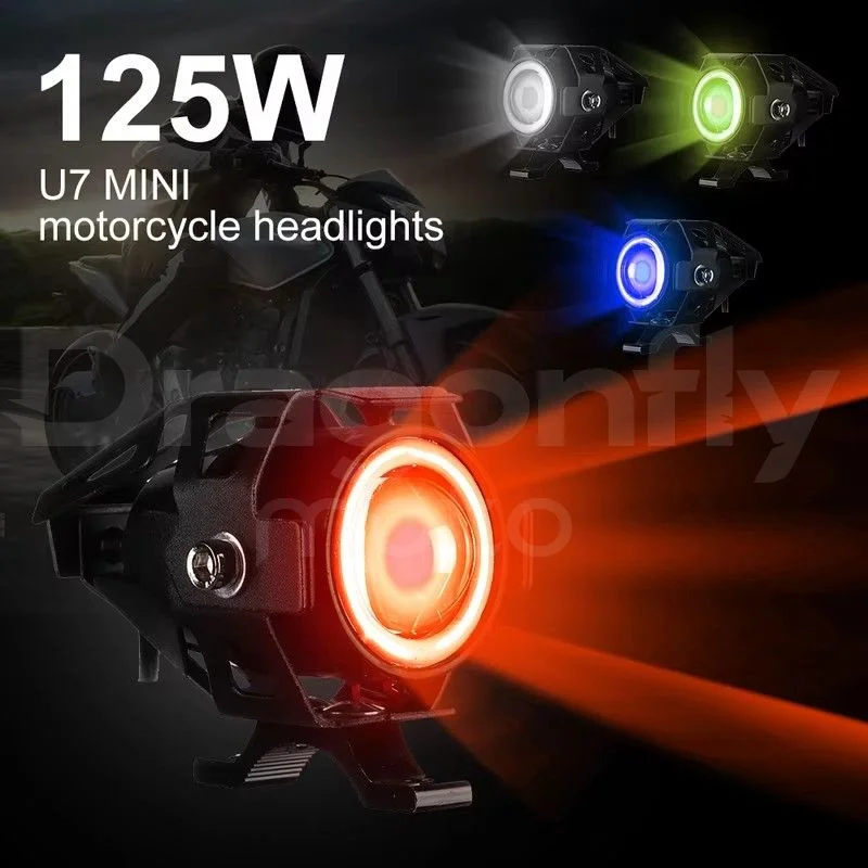 

125W LED Auxiliary Motorcycle Headlight Universal 1200LM Angel Eyes U7 Mini Motorcycle Spotlights Bicycle Lamp Accessories