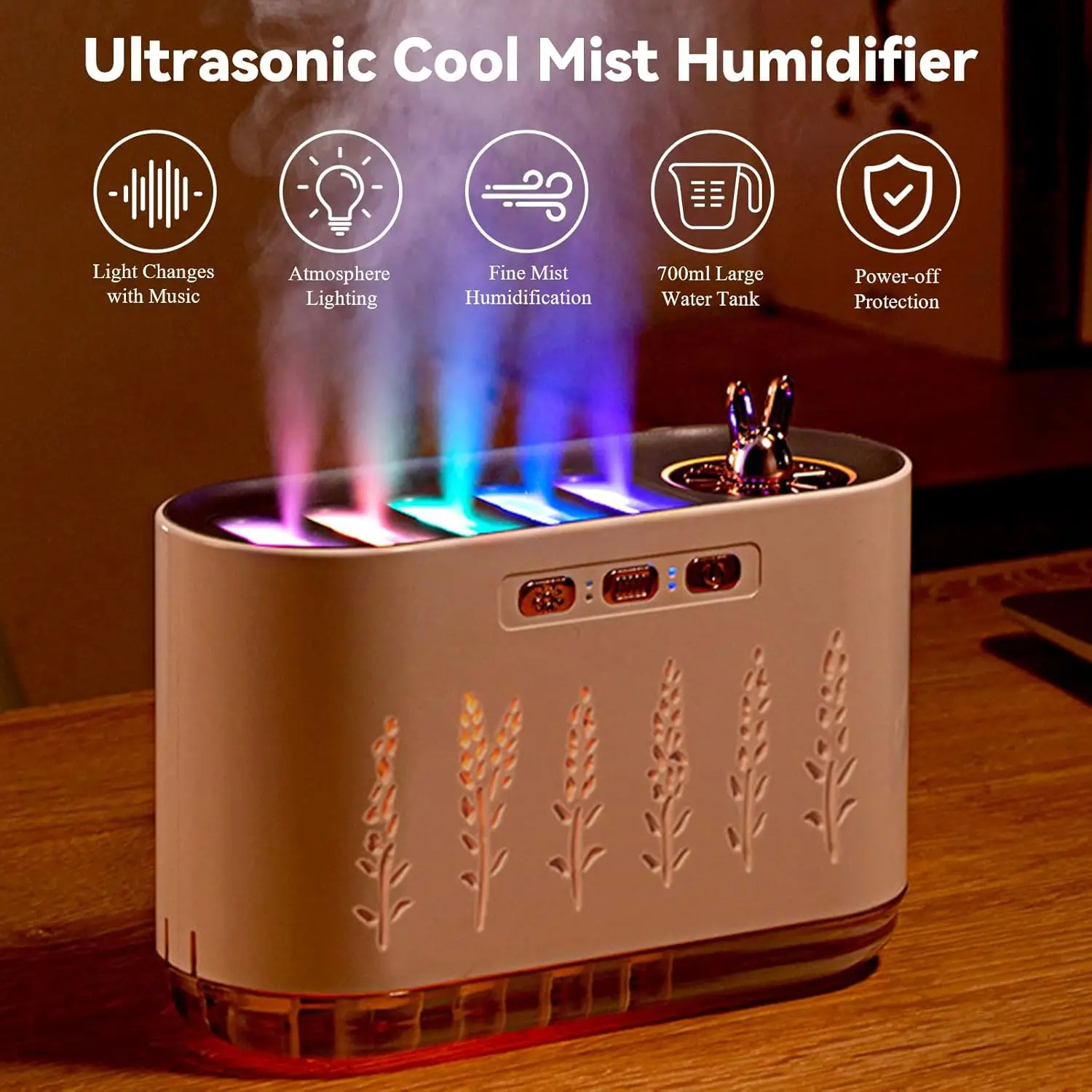 2026 New Upgrade 5 Nozzle Cool Mist Humidifier, Music-Sensing Humidifier Diffuser With 20 Color LED Light, 700M