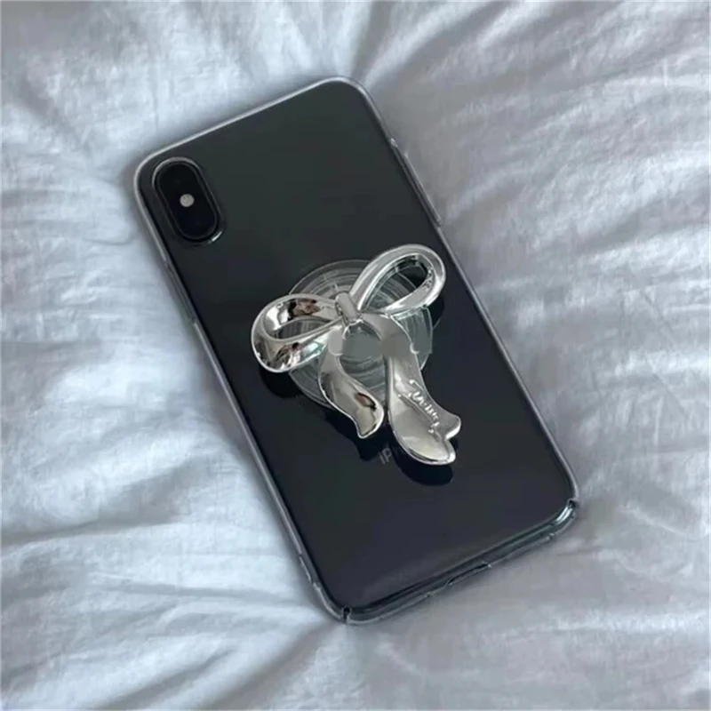 Penyangga Cincin Jari Ponsel Transparan Korea dengan Ikat Rambut Perak yang Imut, Penyangga Lipat untuk iPhone Samsung, Bracket untuk Wanita
