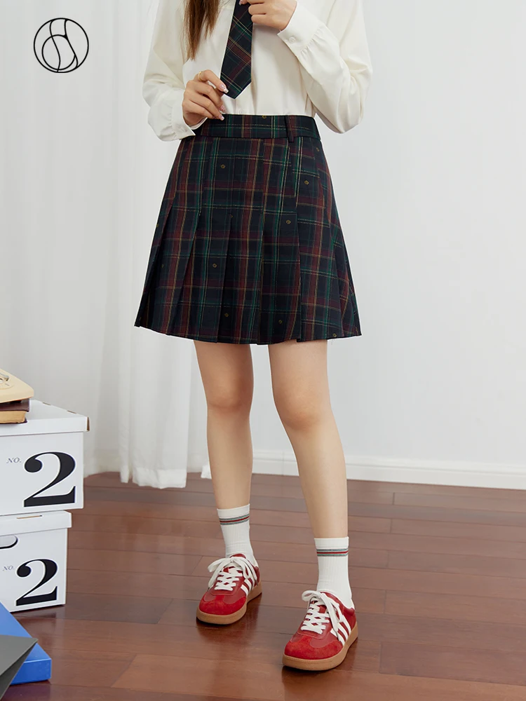 

DUSHU Retro College Style Wine Red Plaid Women Autumn Short Skirts HIgh Waist Embroidered Bow Design Pleated Skirt Women Bottom