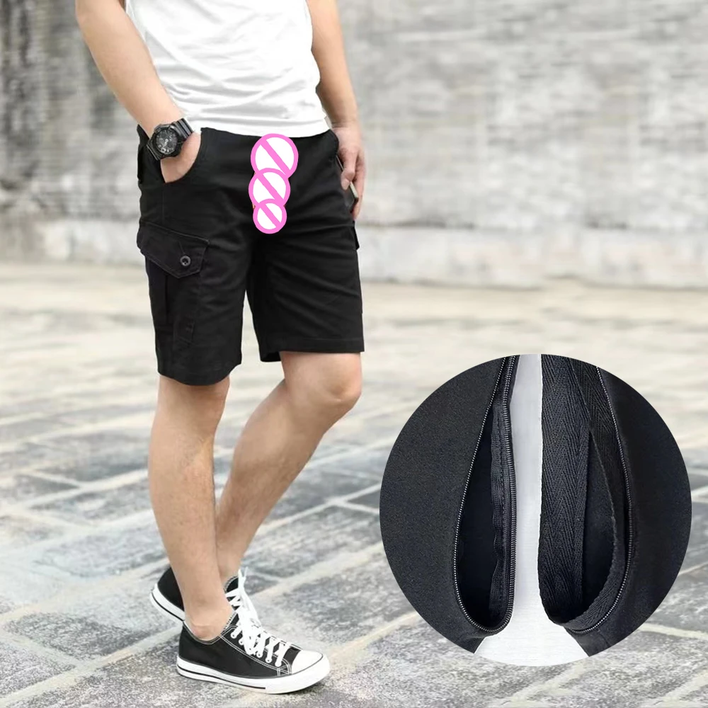 Pantalones cortos invisibles con entrepierna abierta para hombre, ropa de calle informal de Color sólido para sexo al aire libre, pantalones Cargo