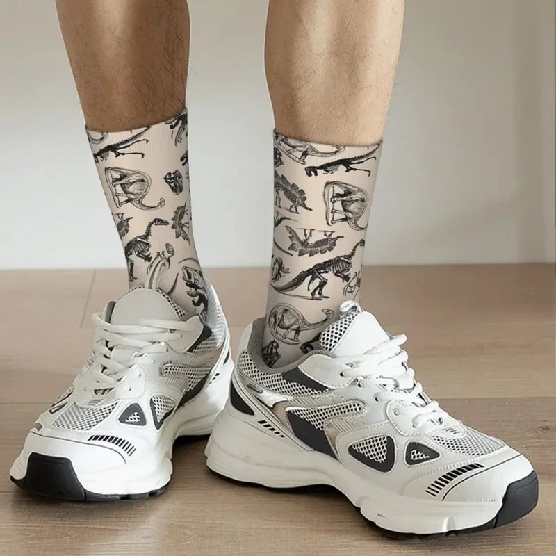 Y2K Vintage Museum Dinosaurs Skeletons Black And Cream Absorbing Stockings All Season Long Socks Unisex Birthday Present