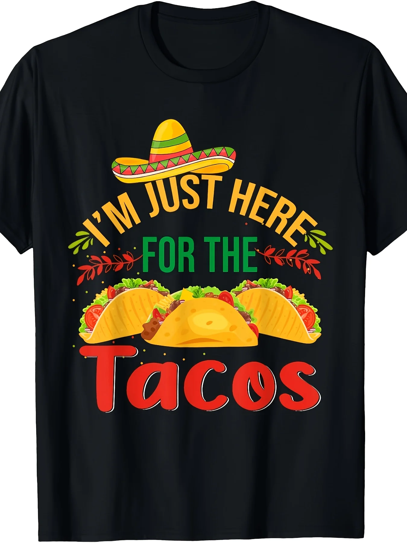 Men'S Funny I'M Just Here for The Tacos Mexican Food Graphic T-Shirt -  180 Soft Tee with Sombrero  Taco Design, Casual Round Neck Short Sleeve Shirt for Taco Tuesday, Themed Parties