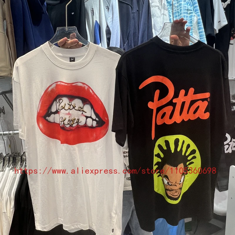 2026 New PATTA T-shirt Lip Pattern Top Loose 100% Cotton Casual Short Sleeve Men's Clothing