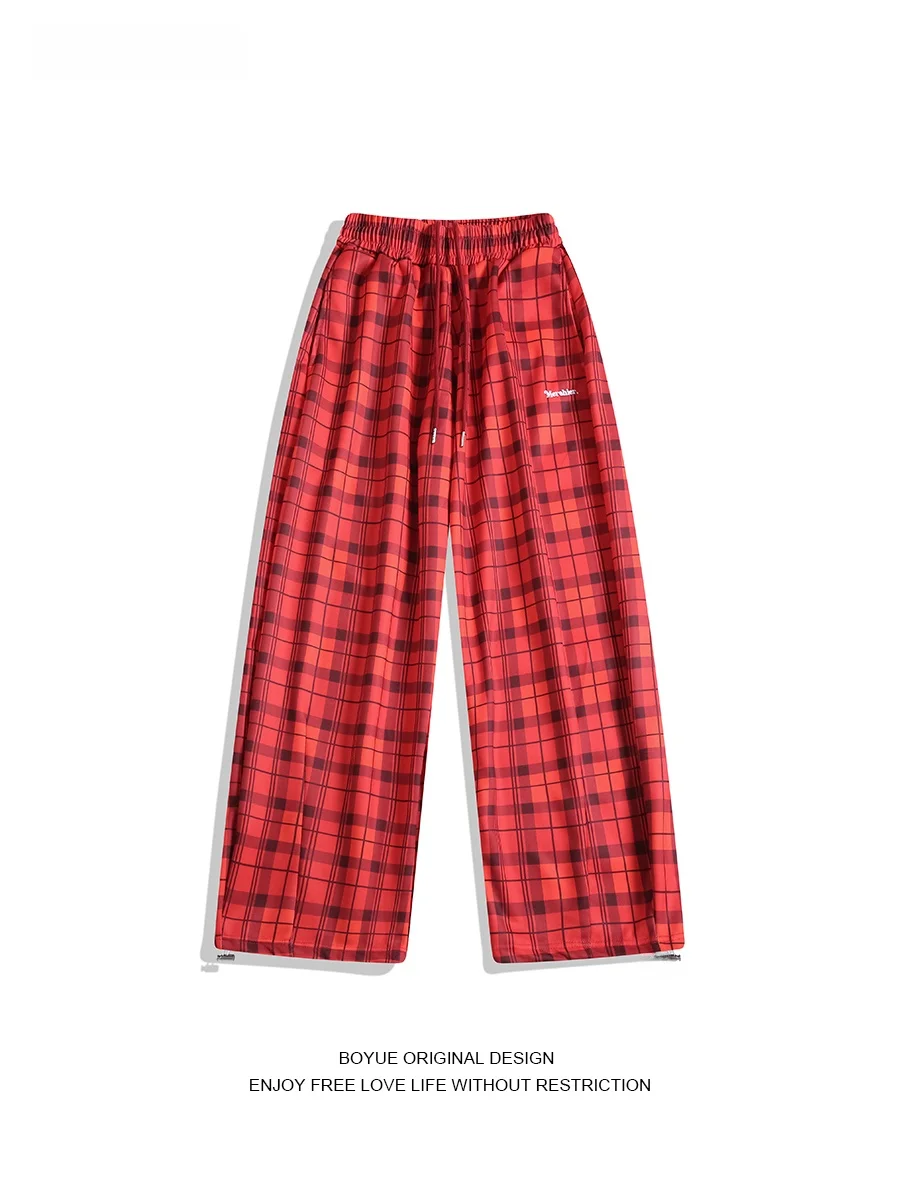 

Брюки BOYUE в красную клетку с вышивкой, повседневные, на шнурке, широкие, длинные, в стиле ретро, спортивные, для отдыха, из хлопка и полиэстера