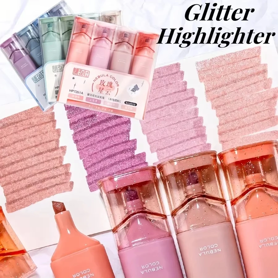 4pcs Glitter Highlighters with Adjustable Line Width & Quick-Dry Smudge-Proof Ink Sparkling Notes Planners Art Supplies