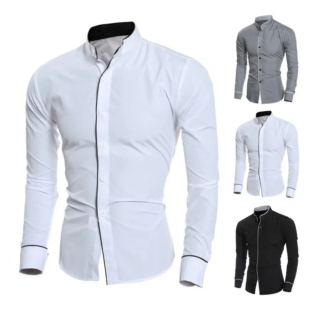 Men Casual Formal Shirt Long Sleeve Slim Business Dress Shirts Top Single-breasted Stand Collar Contrast Color Line Autumn Shirt