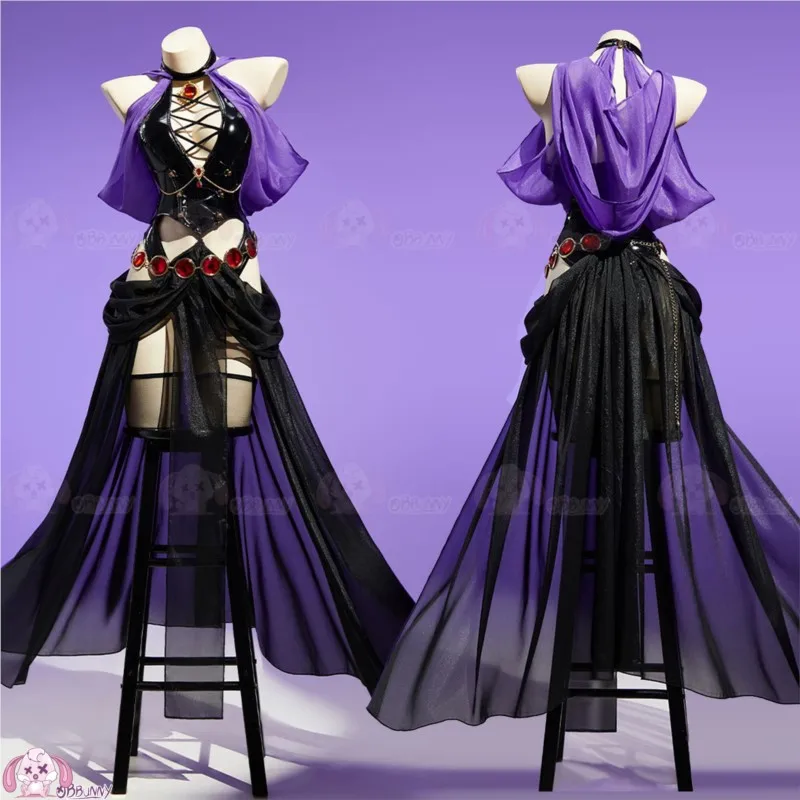 AWitch Banquet Purple Dancer Dress PU Leather Hooded Witch Cosplay Costume Female Outfit Gothic Sexy Black Halter Backless Suit view 6