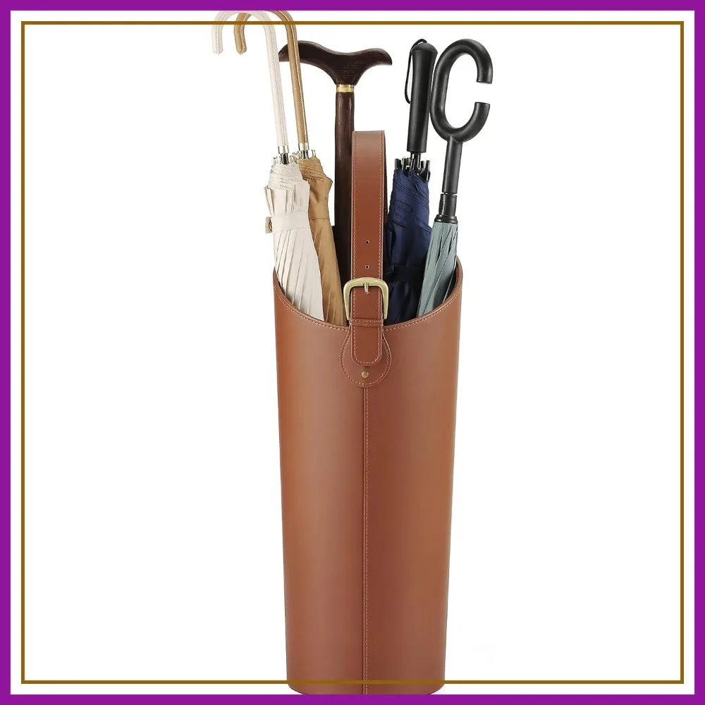 

22.4 Inch Brown Artificial Leather Umbrella Stand Entryway with Removable Water Tray & 2 Hooks for Business Office